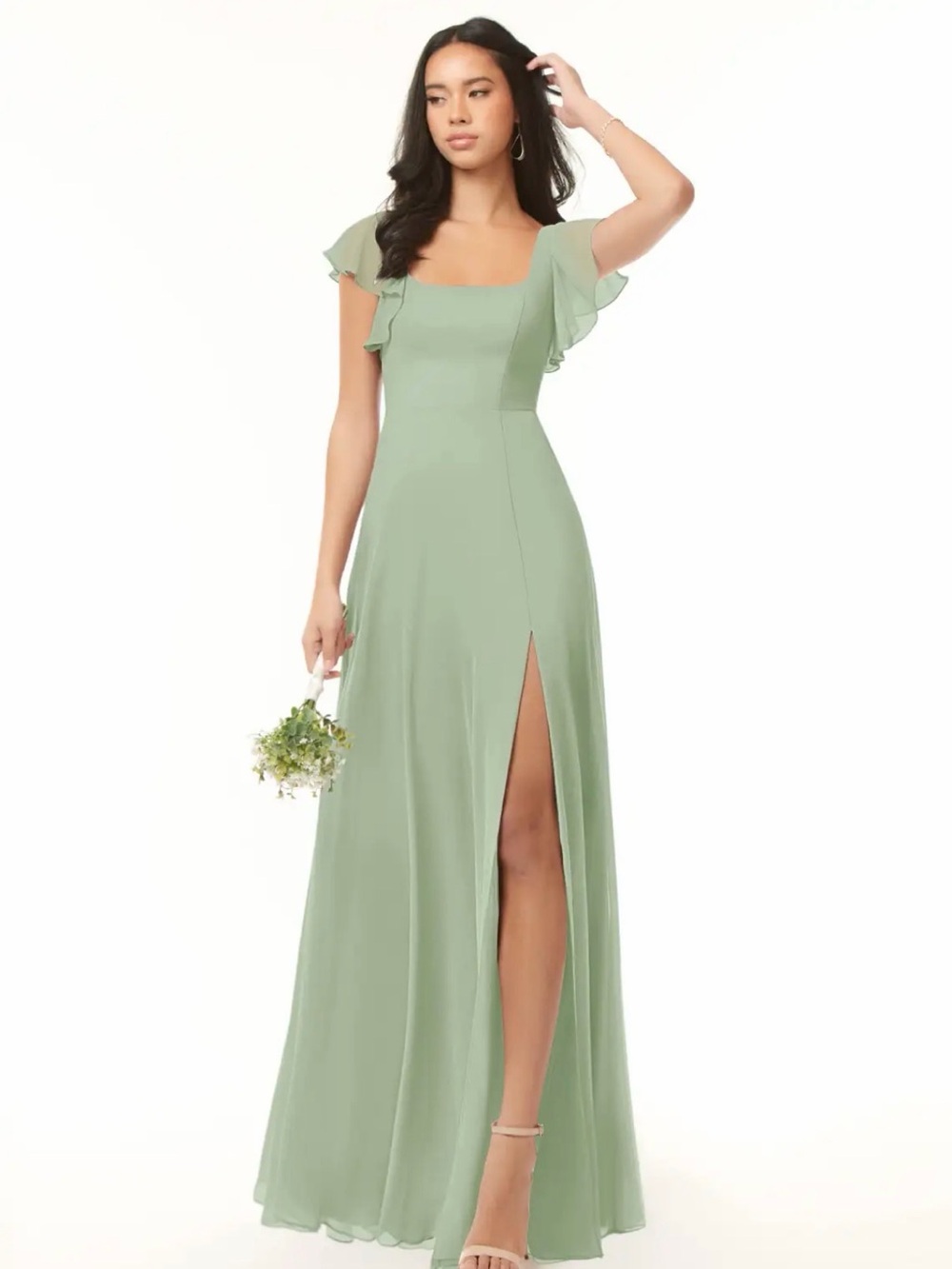Azazie “Bondi” Dusty Sage Flutter Sleeve Maxi Bridesmaid Dress - Size 4